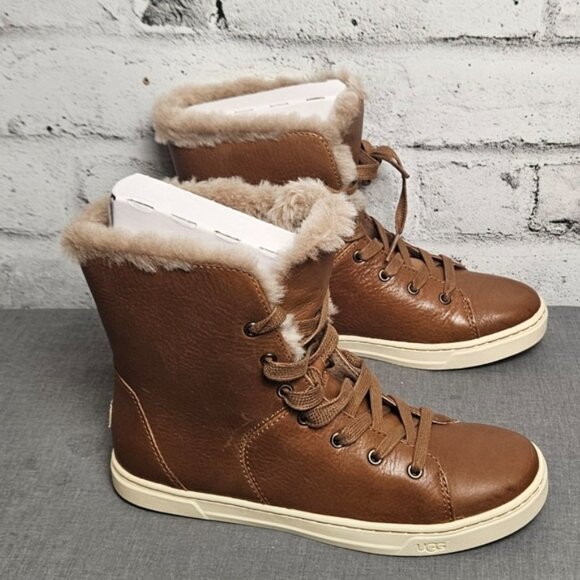 UGG Croft Luxe Quilt Leather Lace Up Shearling Boots Chestnut Brown Women 7.5 - Picture 6 of 12